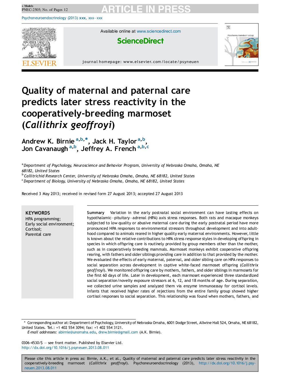 Quality of maternal and paternal care predicts later stress reactivity in the cooperatively-breeding marmoset (Callithrix geoffroyi)