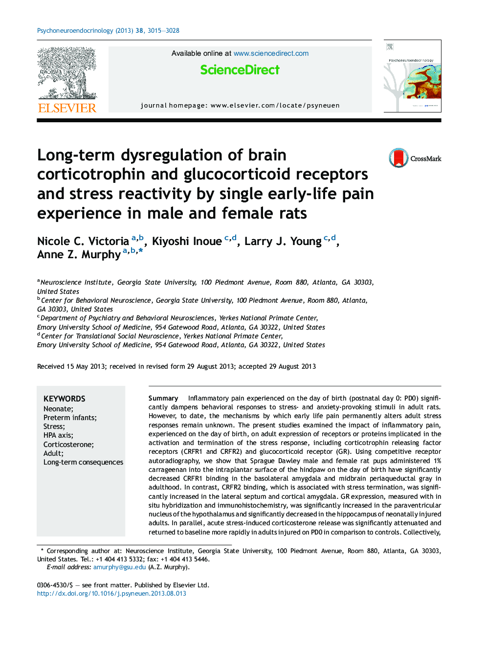 Long-term dysregulation of brain corticotrophin and glucocorticoid receptors and stress reactivity by single early-life pain experience in male and female rats
