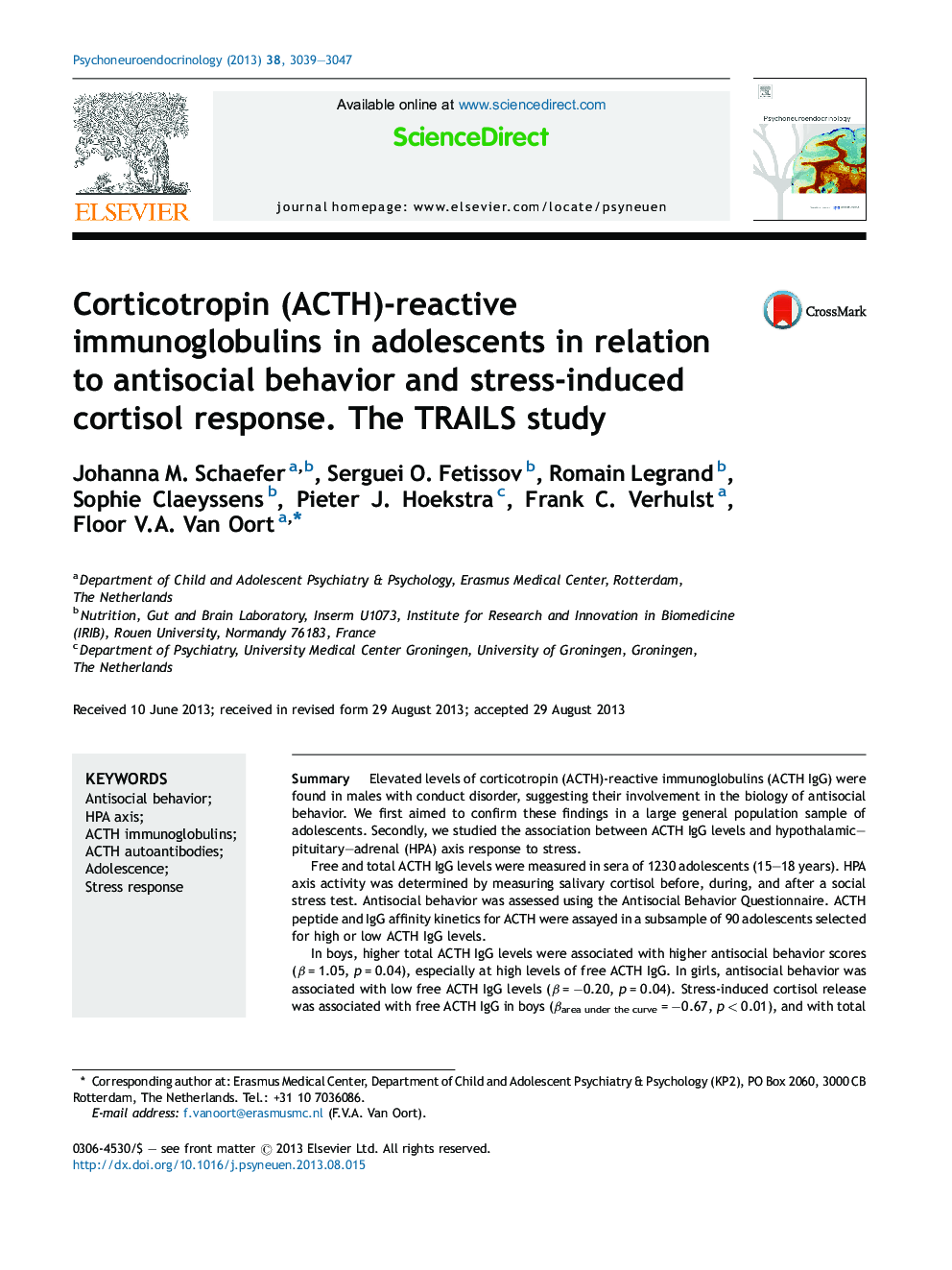 Corticotropin (ACTH)-reactive immunoglobulins in adolescents in relation to antisocial behavior and stress-induced cortisol response. The TRAILS study