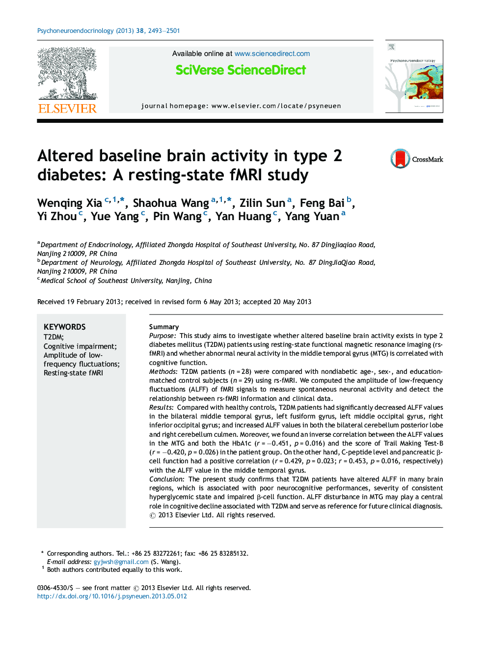 Altered baseline brain activity in type 2 diabetes: A resting-state fMRI study