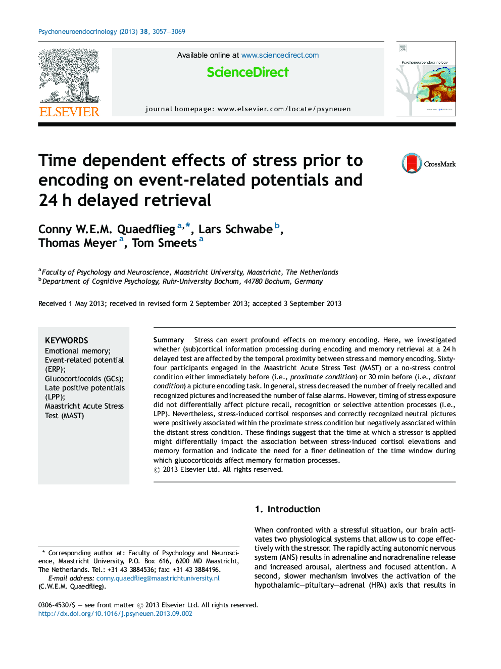 Time dependent effects of stress prior to encoding on event-related potentials and 24Â h delayed retrieval