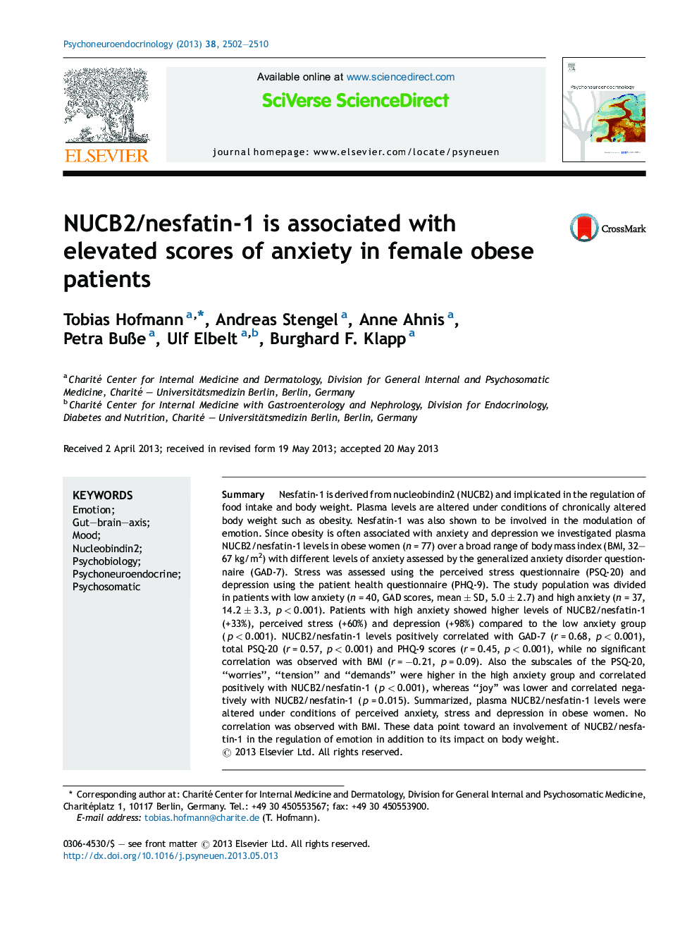 NUCB2/nesfatin-1 is associated with elevated scores of anxiety in female obese patients