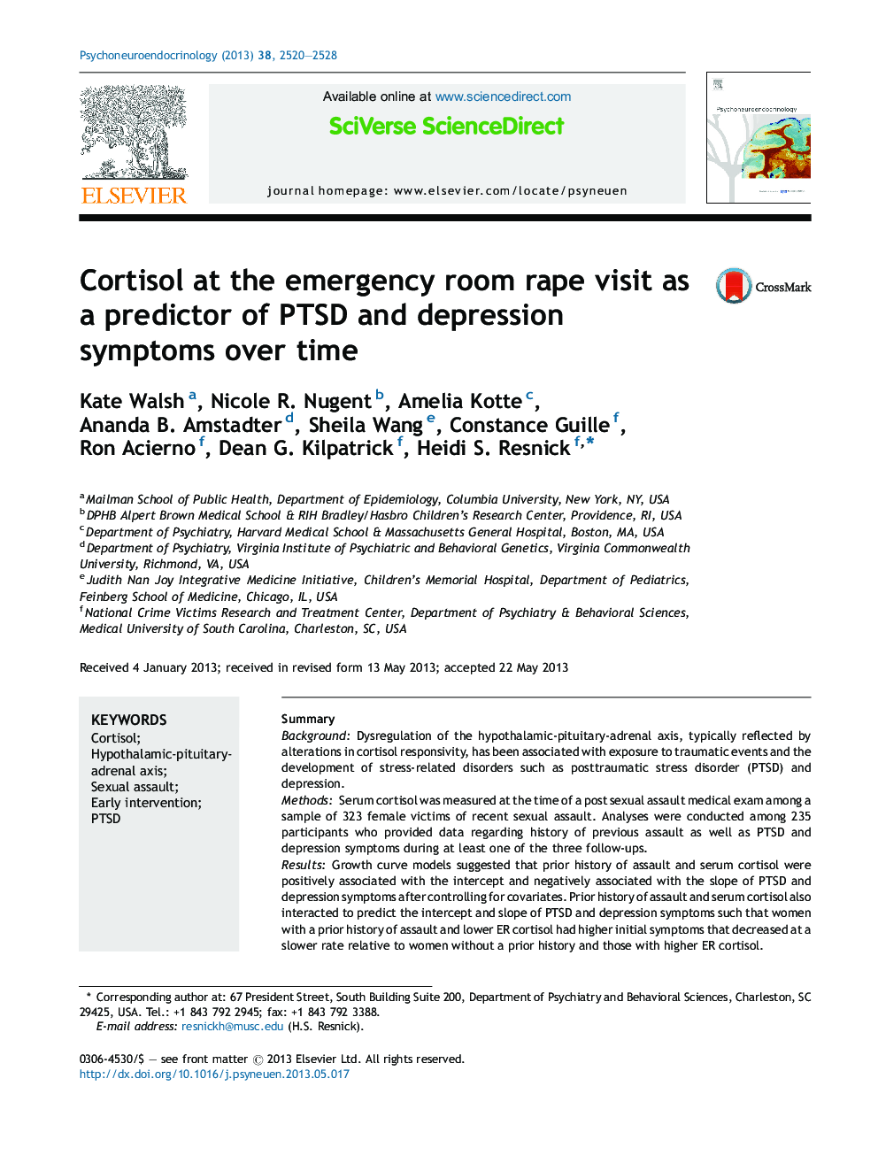 Cortisol at the emergency room rape visit as a predictor of PTSD and depression symptoms over time