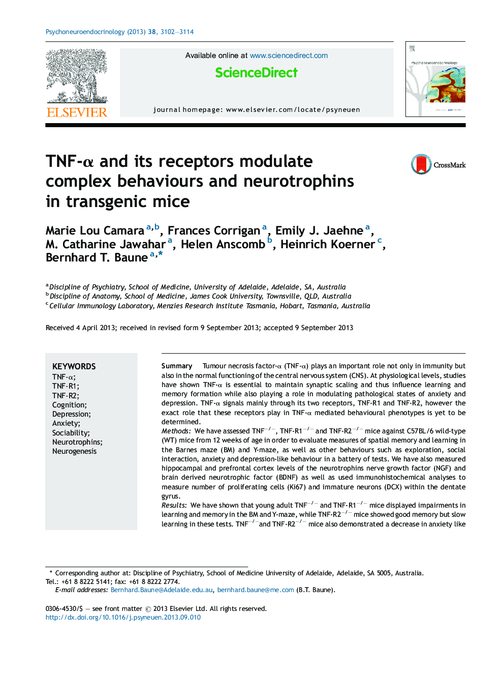 TNF-Î± and its receptors modulate complex behaviours and neurotrophins in transgenic mice