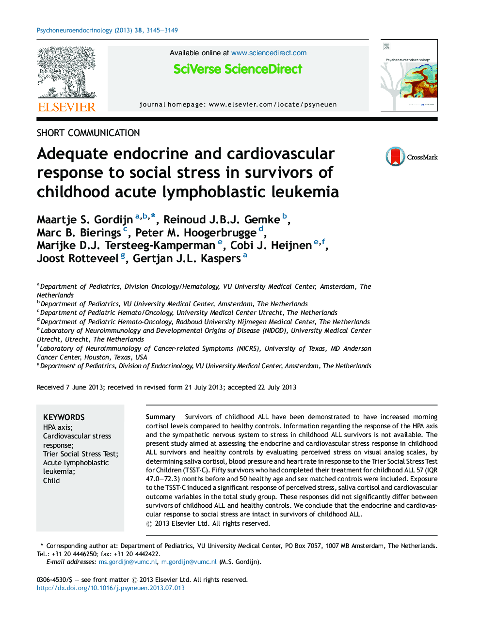 Adequate endocrine and cardiovascular response to social stress in survivors of childhood acute lymphoblastic leukemia