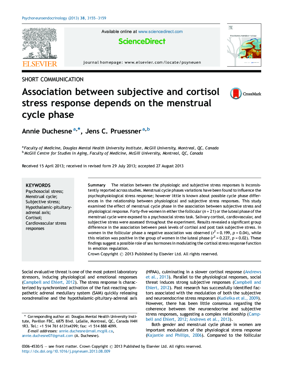 Association between subjective and cortisol stress response depends on the menstrual cycle phase