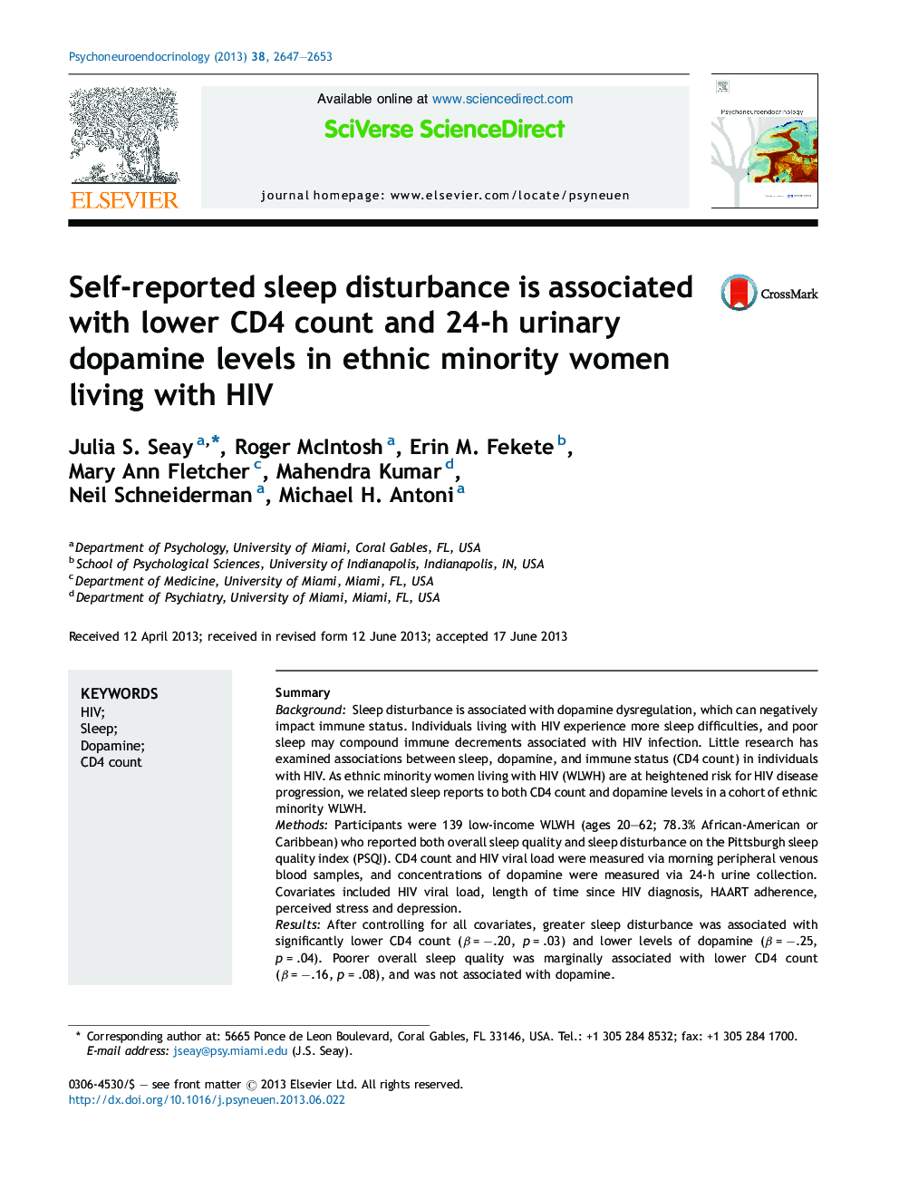 Self-reported sleep disturbance is associated with lower CD4 count and 24-h urinary dopamine levels in ethnic minority women living with HIV