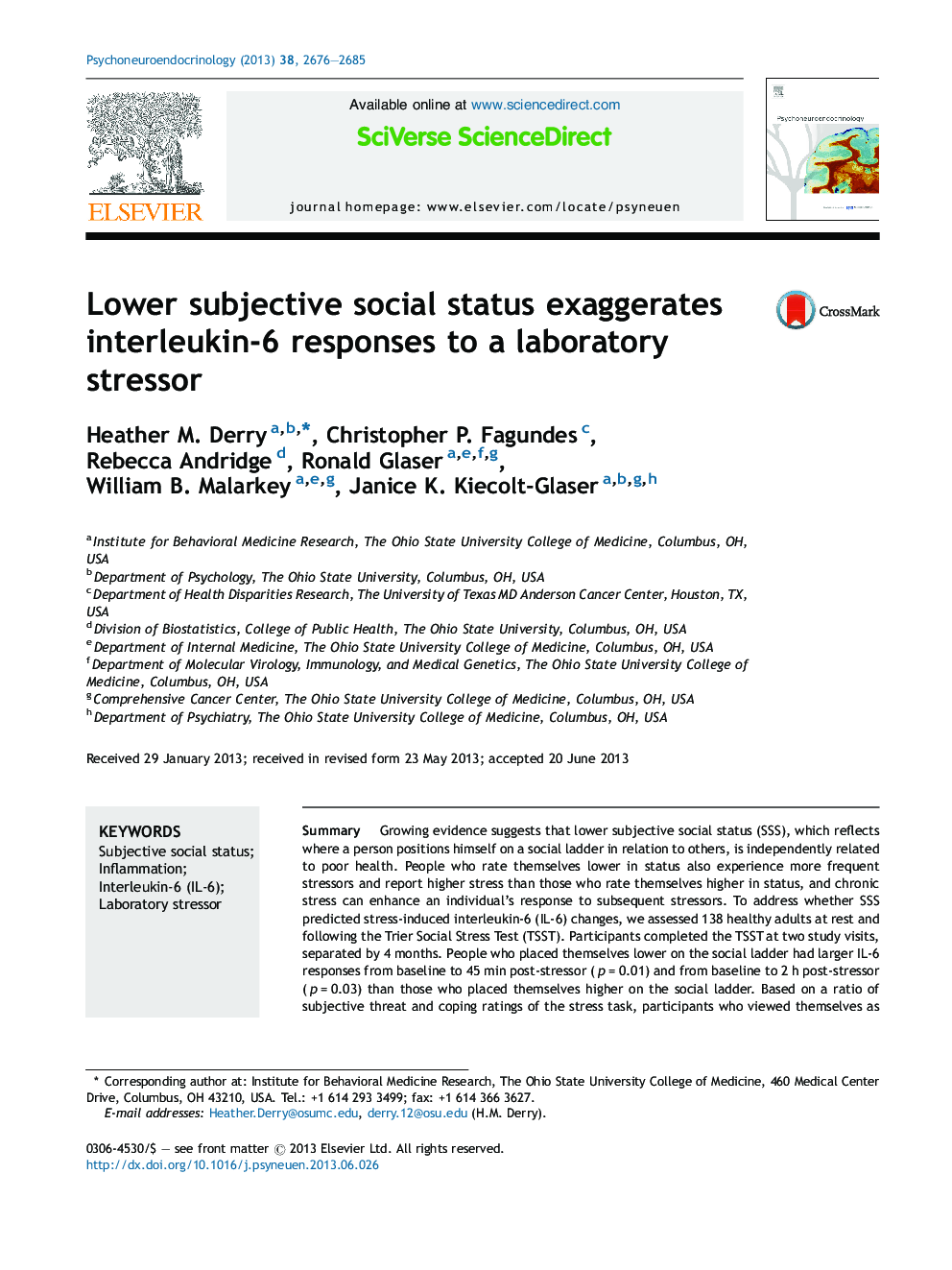 Lower subjective social status exaggerates interleukin-6 responses to a laboratory stressor