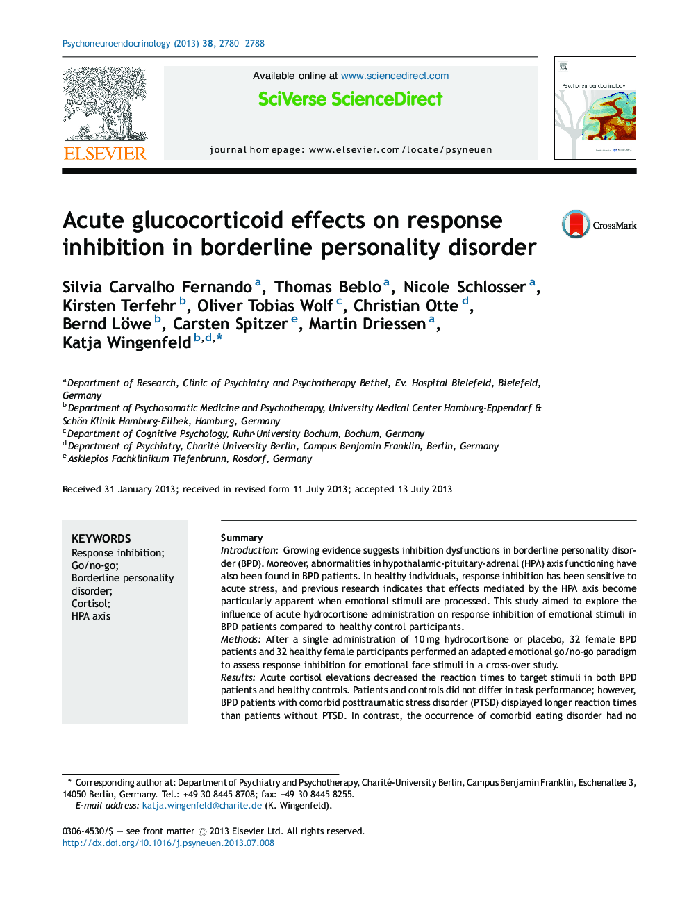 Acute glucocorticoid effects on response inhibition in borderline personality disorder