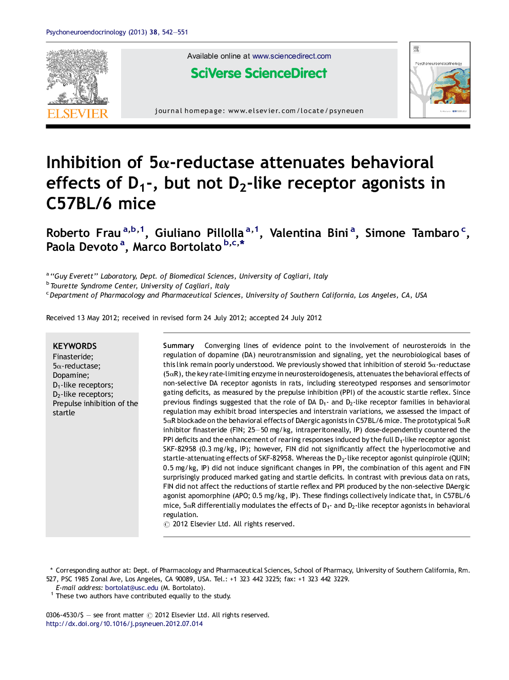 Inhibition of 5Î±-reductase attenuates behavioral effects of D1-, but not D2-like receptor agonists in C57BL/6 mice