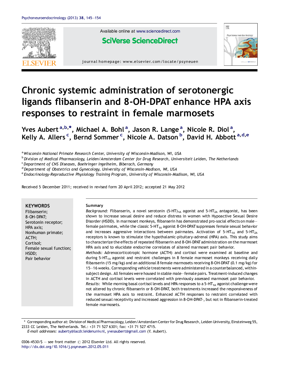 Chronic systemic administration of serotonergic ligands flibanserin and 8-OH-DPAT enhance HPA axis responses to restraint in female marmosets