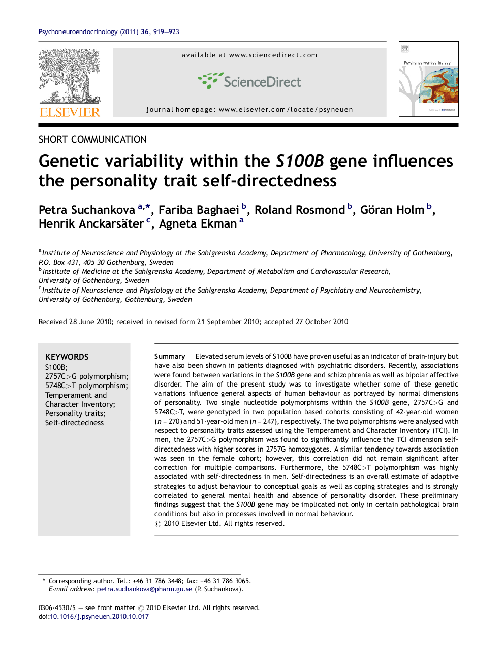 Genetic variability within the S100B gene influences the personality trait self-directedness