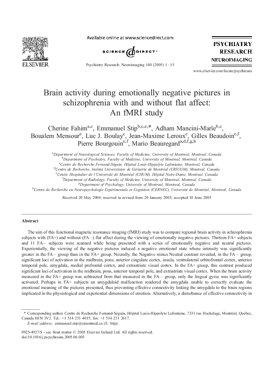 Brain activity during emotionally negative pictures in schizophrenia with and without flat affect: An fMRI study