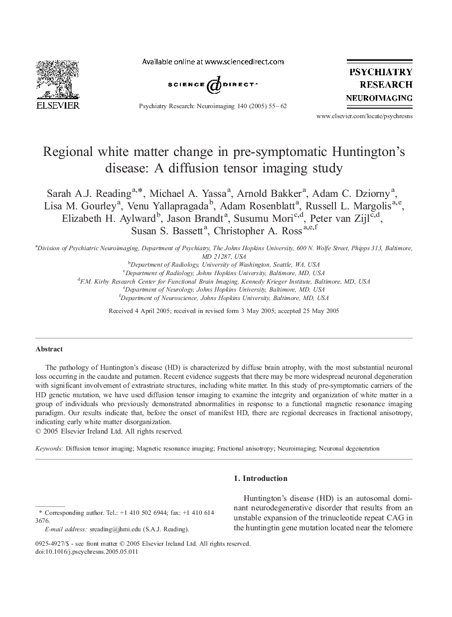 Regional white matter change in pre-symptomatic Huntington's disease: A diffusion tensor imaging study