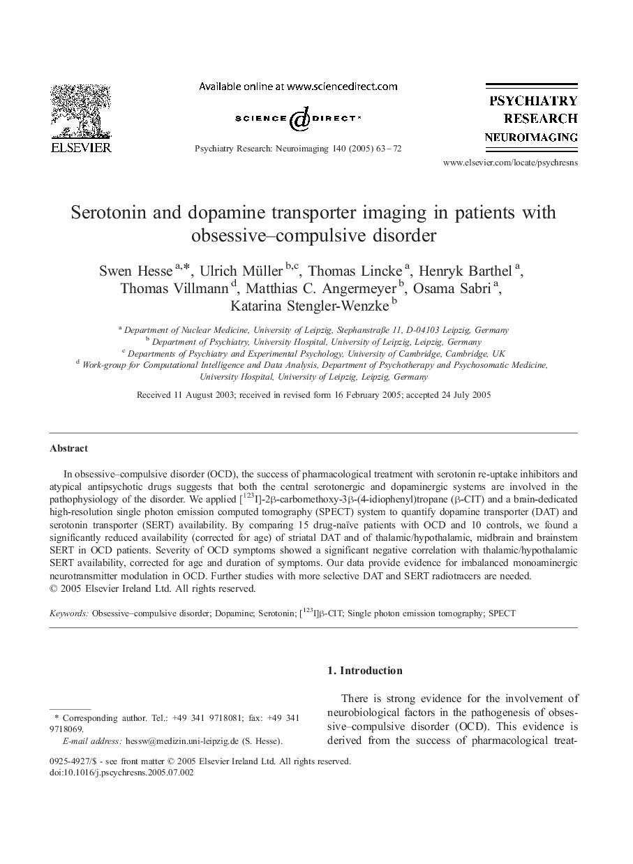 Serotonin and dopamine transporter imaging in patients with obsessive-compulsive disorder