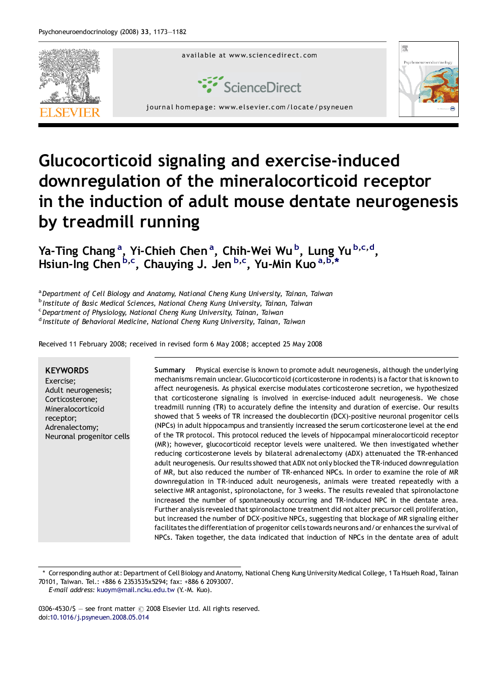 Glucocorticoid signaling and exercise-induced downregulation of the mineralocorticoid receptor in the induction of adult mouse dentate neurogenesis by treadmill running