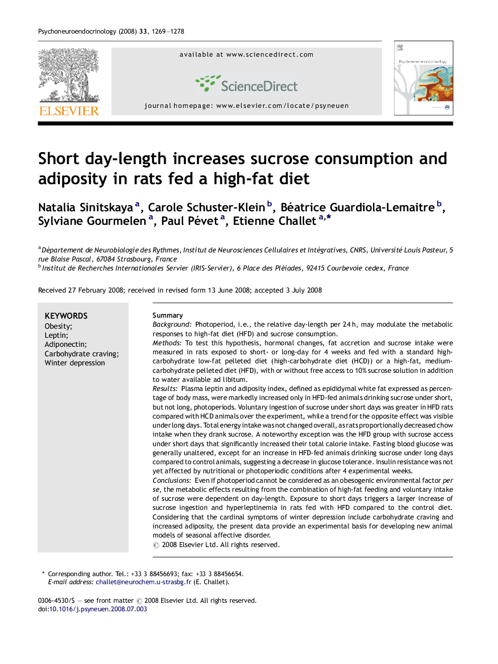 Short day-length increases sucrose consumption and adiposity in rats fed a high-fat diet