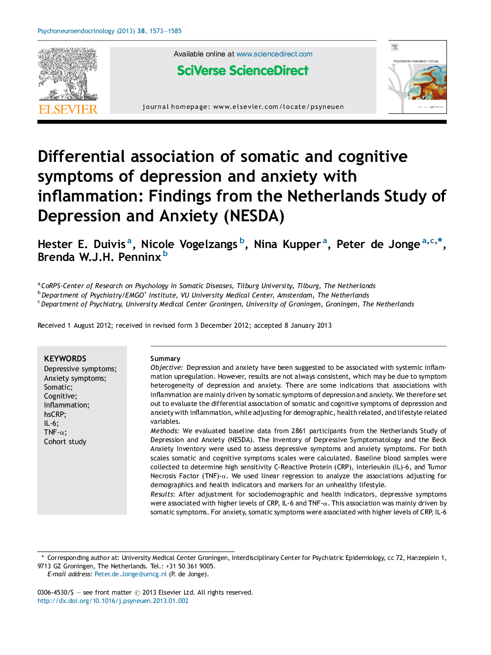 عکس صفحه اول مقاله: Differential association of somatic and cognitive symptoms of depression and anxiety with inflammation: Findings from the Netherlands Study of Depression and Anxiety (NESDA) Differential association of somatic and cognitive symptoms of depression and anxiety with inflammation: Findings from the Netherlands Study of Depression and Anxiety (NESDA)