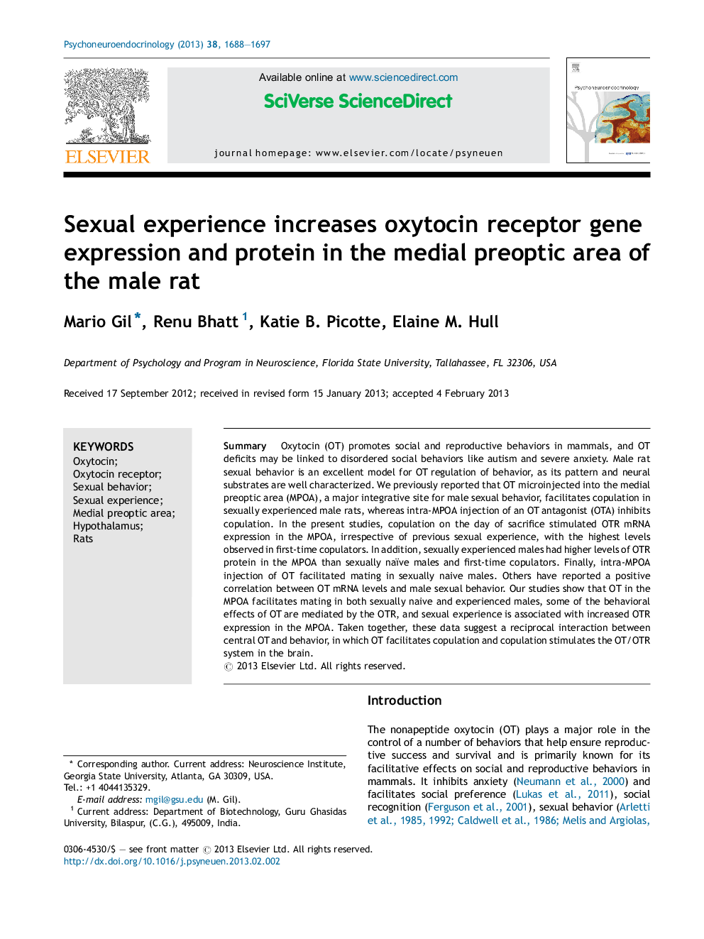 Sexual experience increases oxytocin receptor gene expression and protein in the medial preoptic area of the male rat