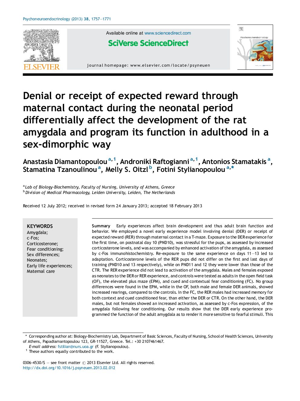 Denial or receipt of expected reward through maternal contact during the neonatal period differentially affect the development of the rat amygdala and program its function in adulthood in a sex-dimorphic way