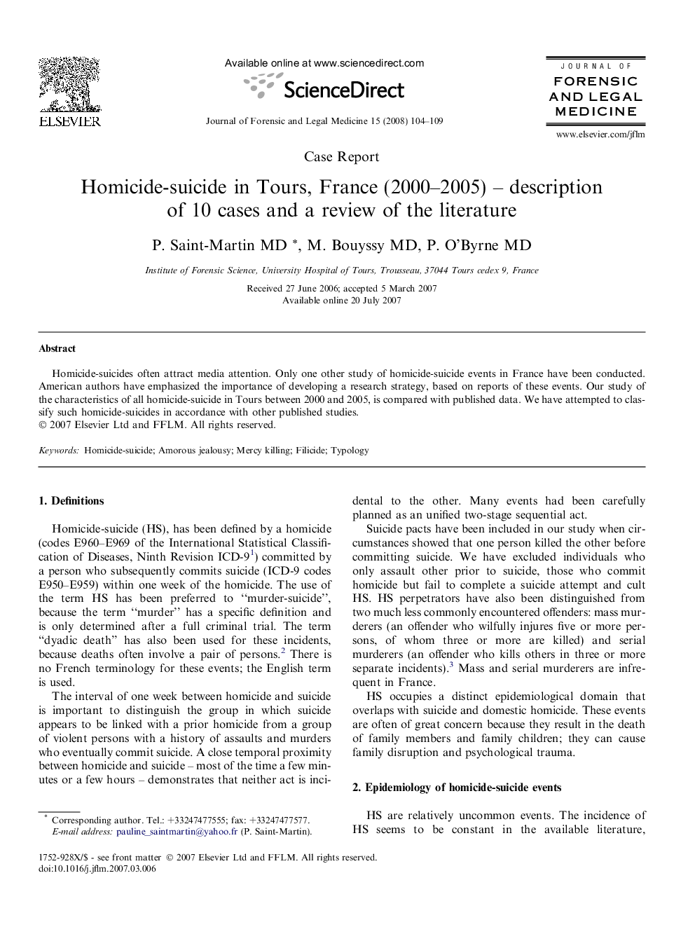 Homicide-suicide in Tours, France (2000–2005) – description of 10 cases and a review of the literature