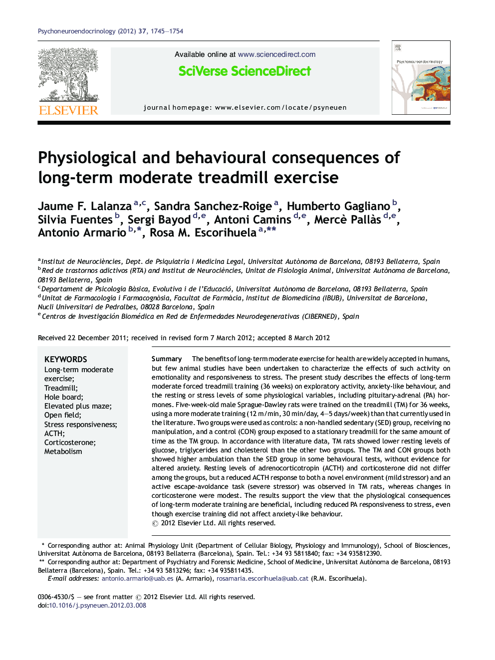 Physiological and behavioural consequences of long-term moderate treadmill exercise