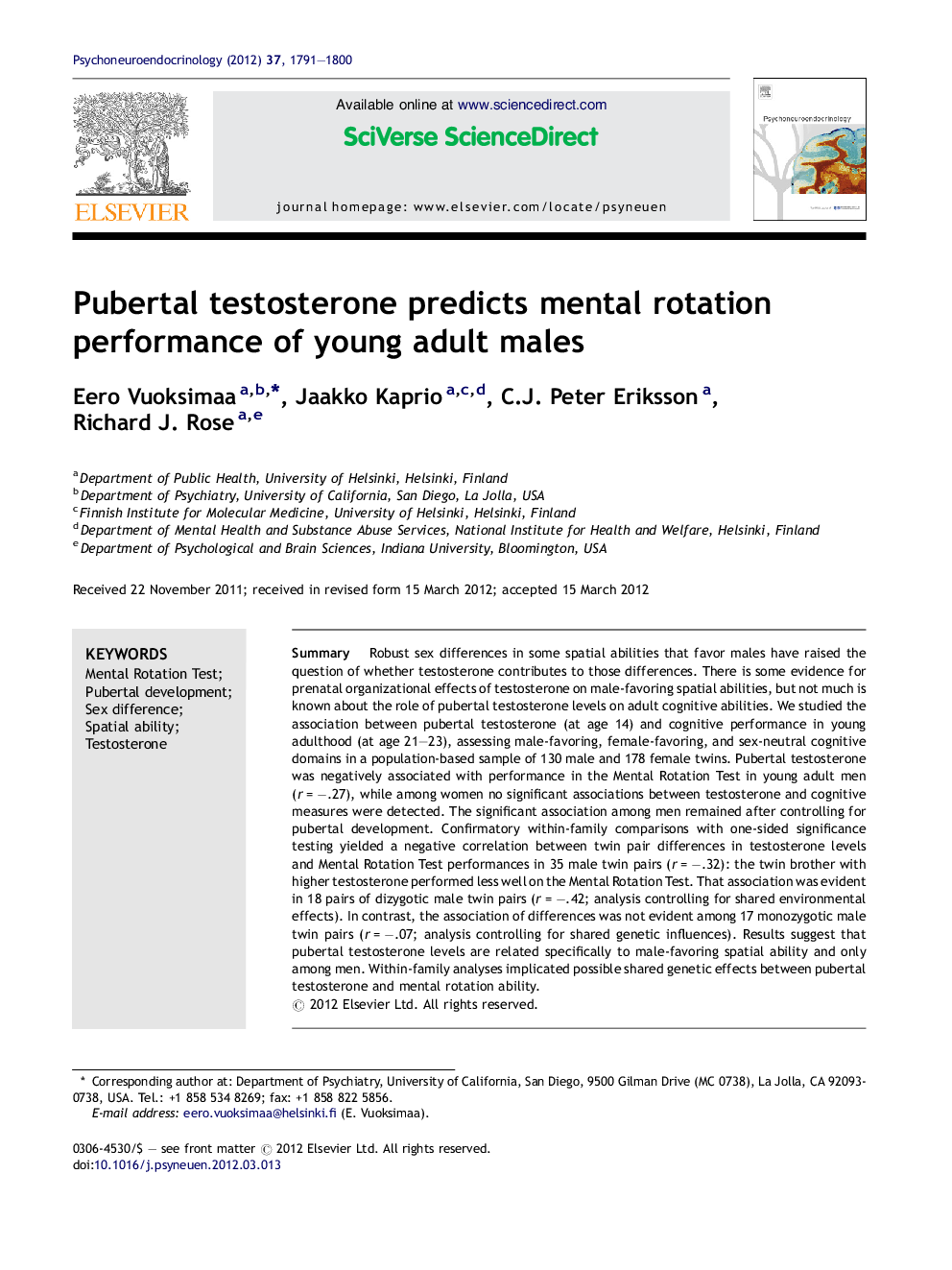 Pubertal testosterone predicts mental rotation performance of young adult males