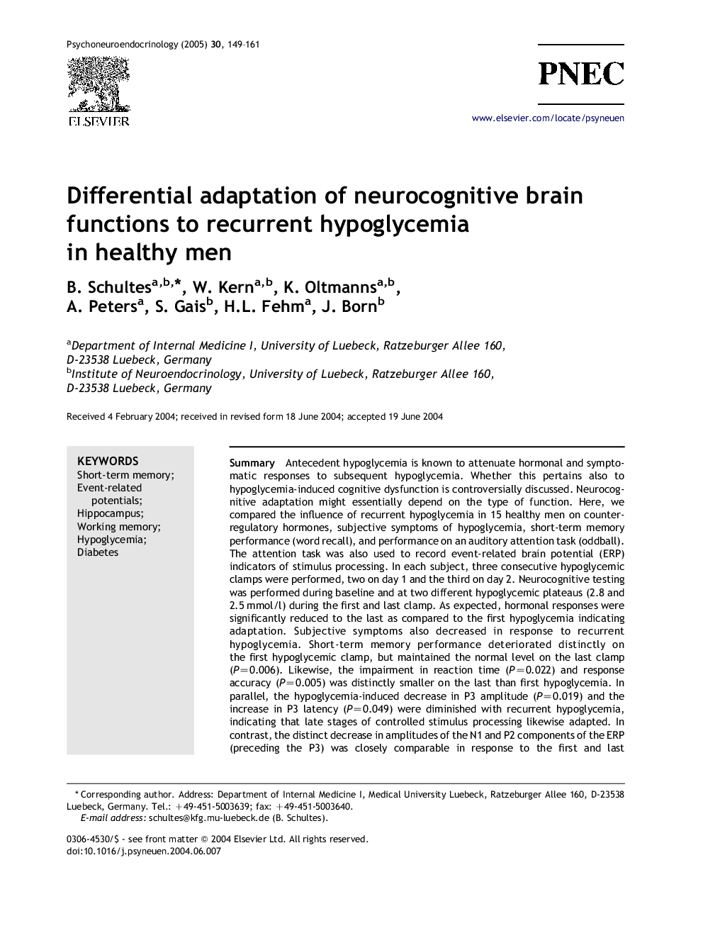 Differential adaptation of neurocognitive brain functions to recurrent hypoglycemia in healthy men