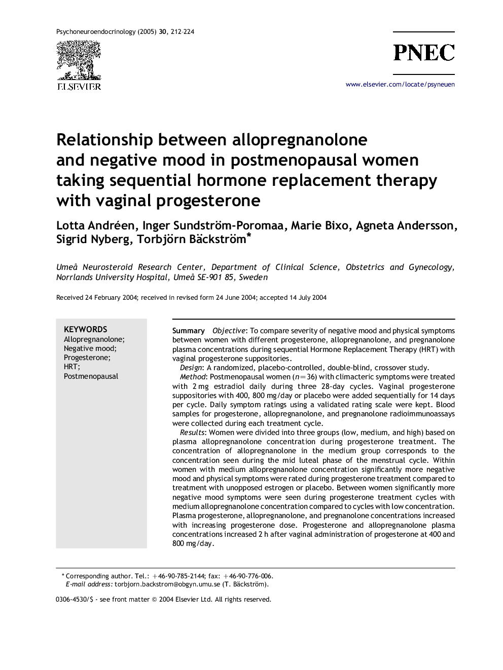 Relationship between allopregnanolone and negative mood in postmenopausal women taking sequential hormone replacement therapy with vaginal progesterone