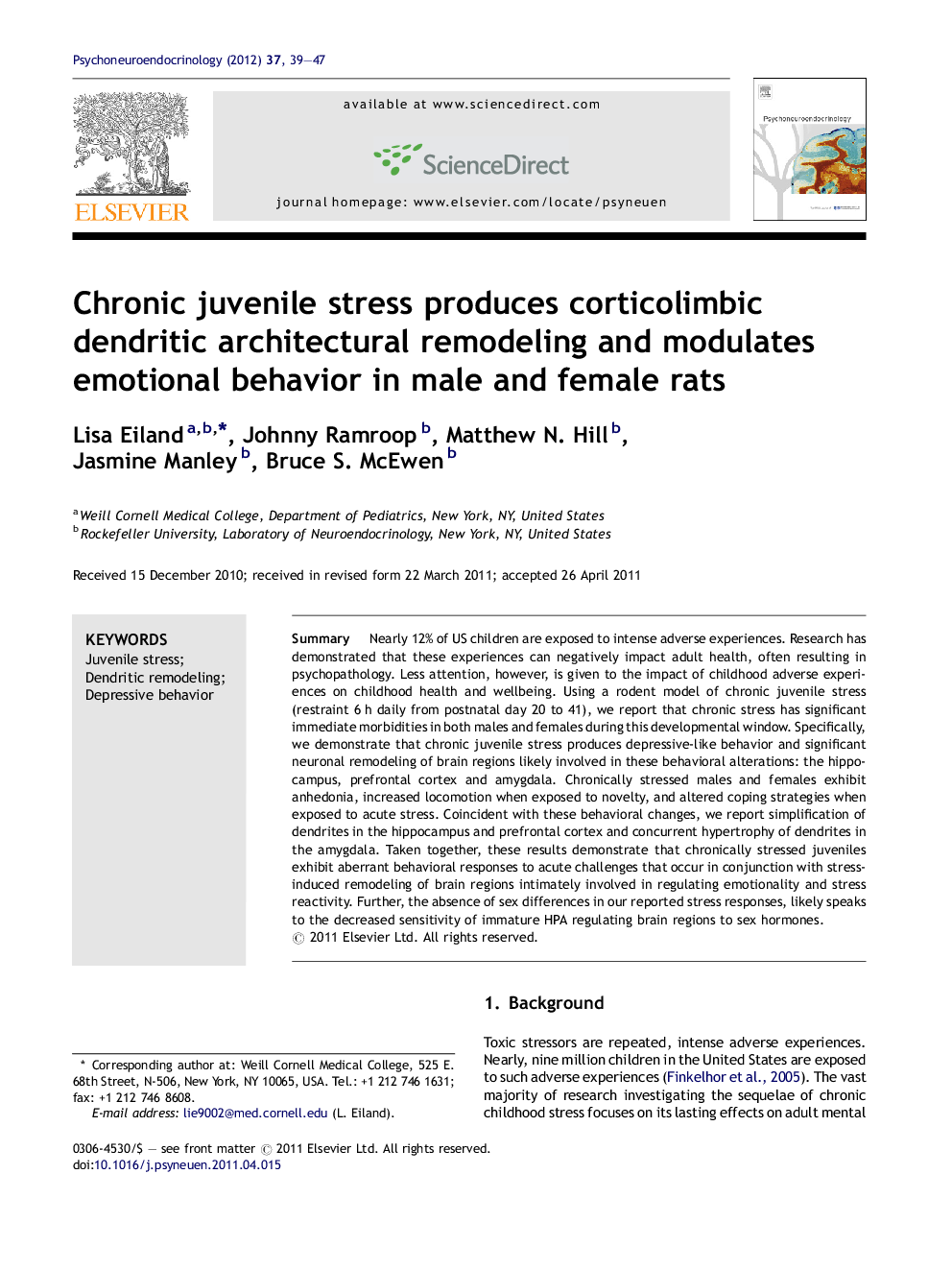 Chronic juvenile stress produces corticolimbic dendritic architectural remodeling and modulates emotional behavior in male and female rats