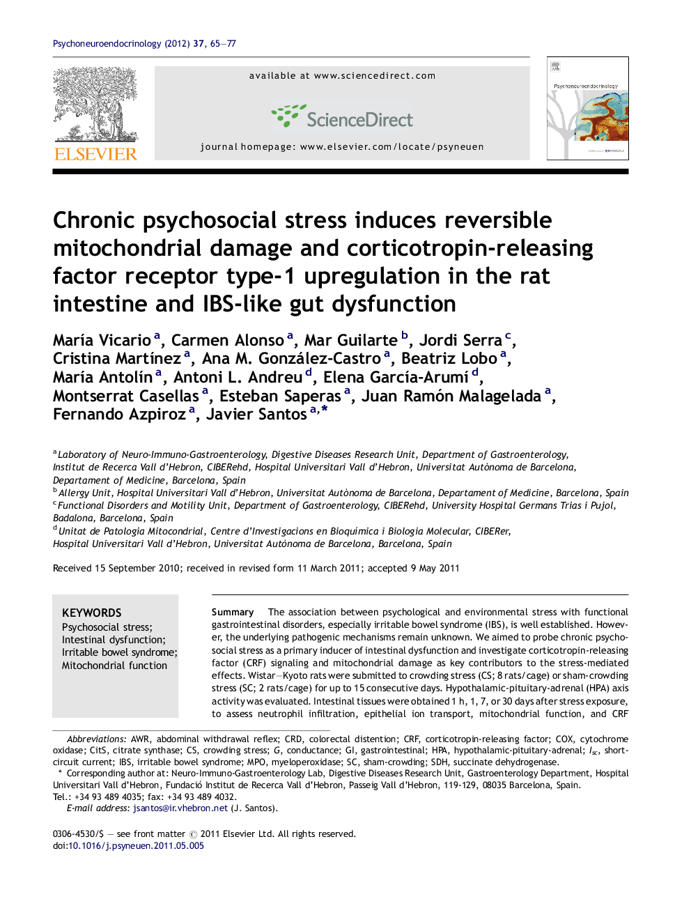 Chronic psychosocial stress induces reversible mitochondrial damage and corticotropin-releasing factor receptor type-1 upregulation in the rat intestine and IBS-like gut dysfunction