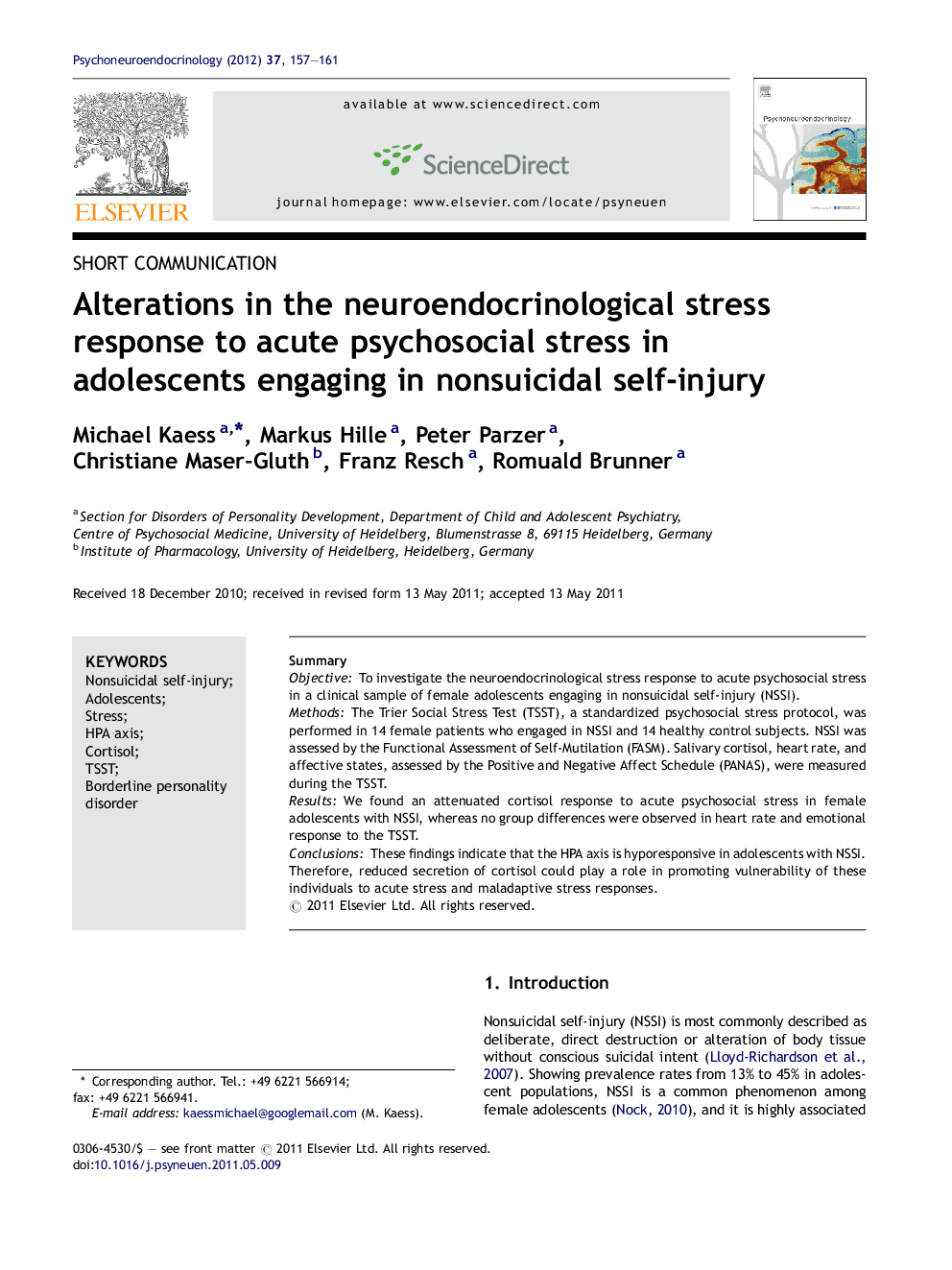 Alterations in the neuroendocrinological stress response to acute psychosocial stress in adolescents engaging in nonsuicidal self-injury