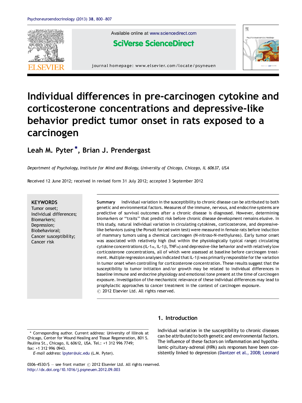 Individual differences in pre-carcinogen cytokine and corticosterone concentrations and depressive-like behavior predict tumor onset in rats exposed to a carcinogen