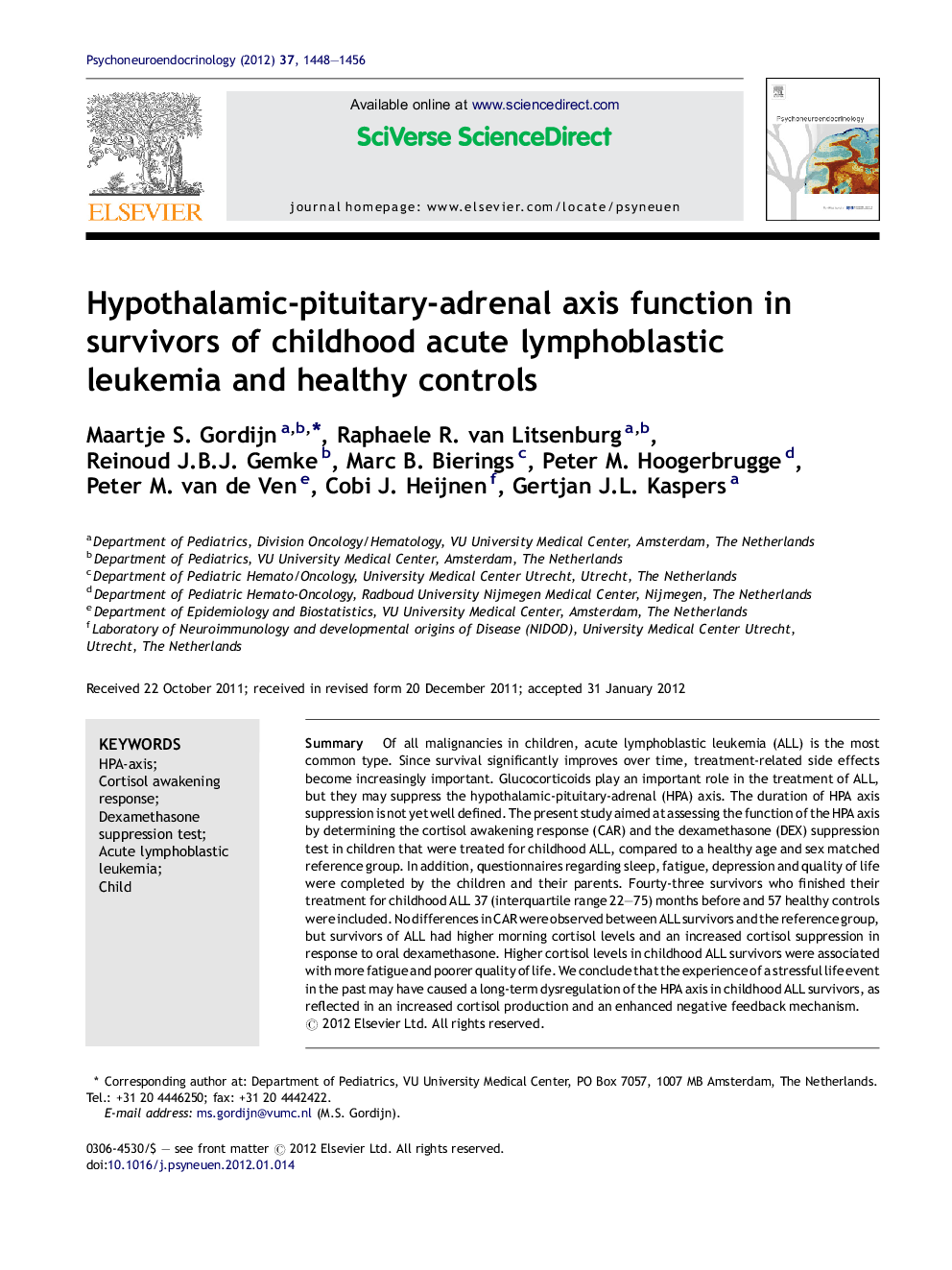 Hypothalamic-pituitary-adrenal axis function in survivors of childhood acute lymphoblastic leukemia and healthy controls