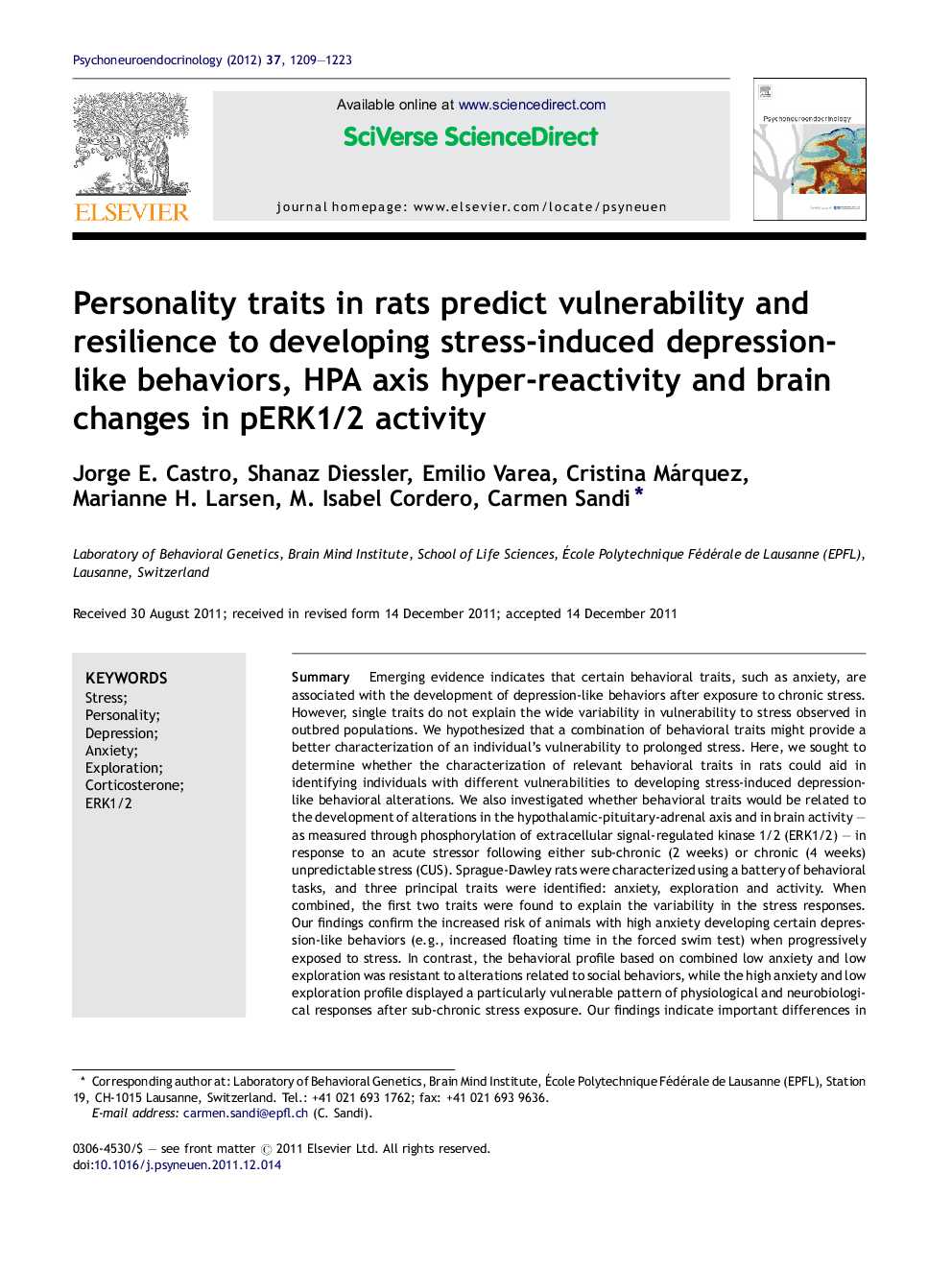 عکس صفحه اول مقاله: Personality traits in rats predict vulnerability and resilience to developing stress-induced depression-like behaviors, HPA axis hyper-reactivity and brain changes in pERK1/2 activity Personality traits in rats predict vulnerability and resilience to developing stress-induced depression-like behaviors, HPA axis hyper-reactivity and brain changes in pERK1/2 activity