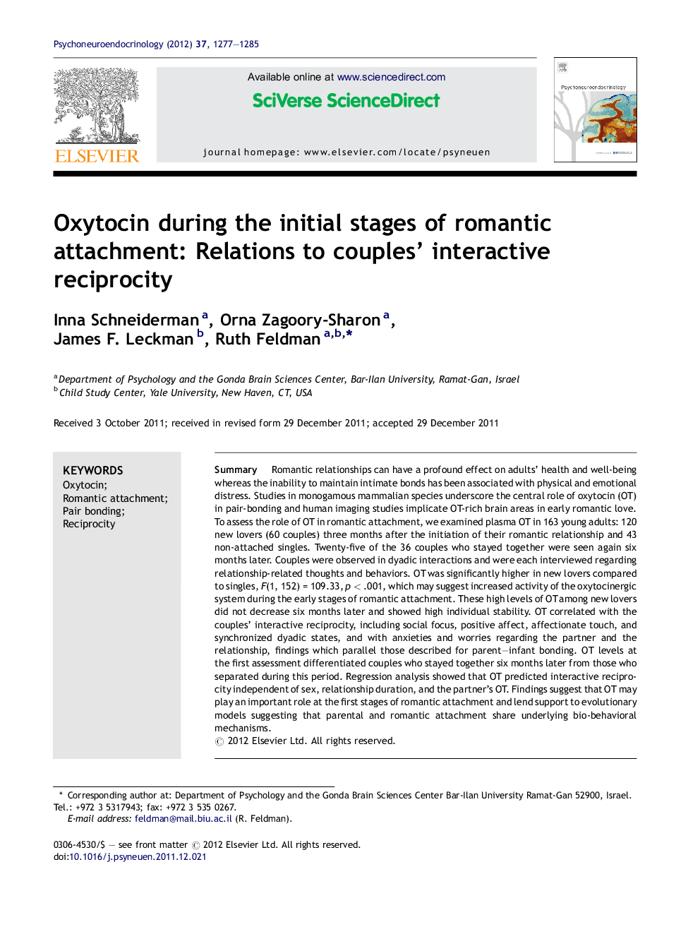 Oxytocin during the initial stages of romantic attachment: Relations to couples' interactive reciprocity