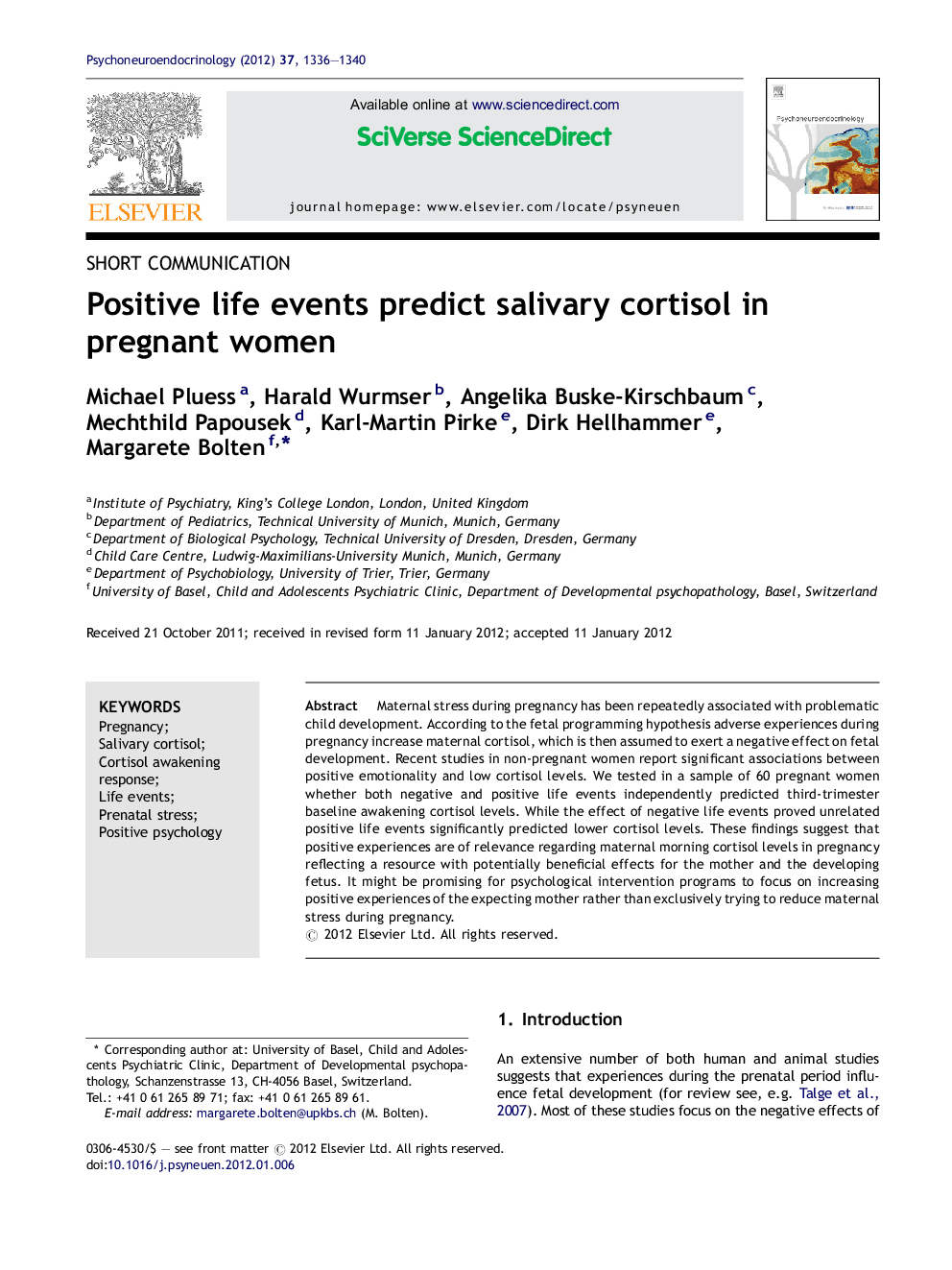 Positive life events predict salivary cortisol in pregnant women