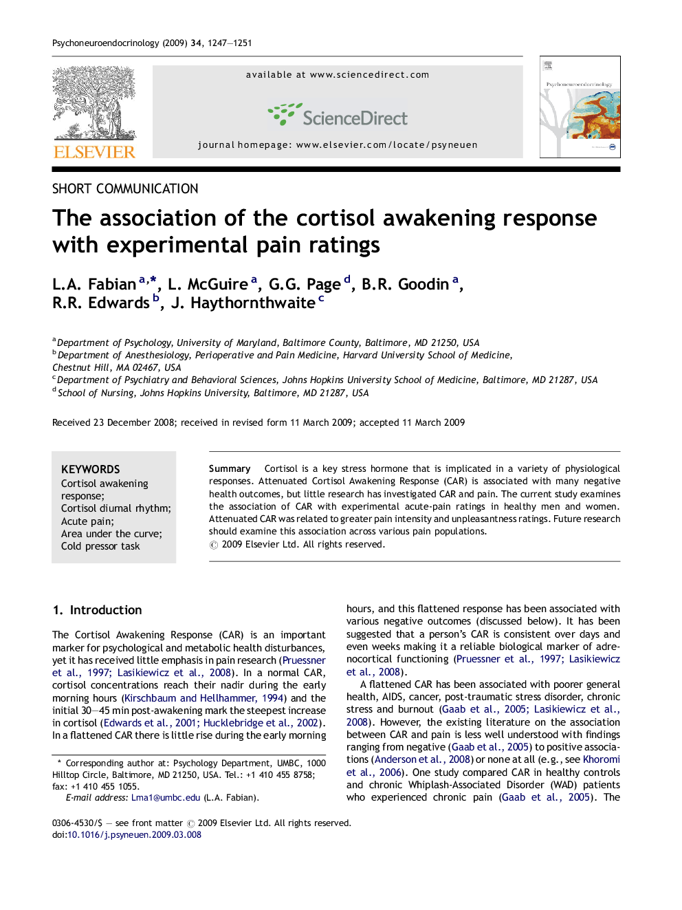 The association of the cortisol awakening response with experimental pain ratings