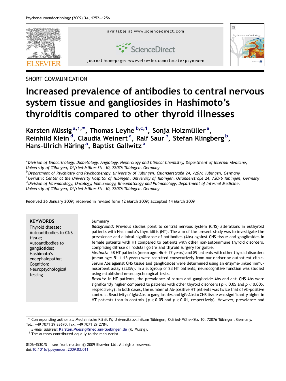 Increased prevalence of antibodies to central nervous system tissue and gangliosides in Hashimoto's thyroiditis compared to other thyroid illnesses