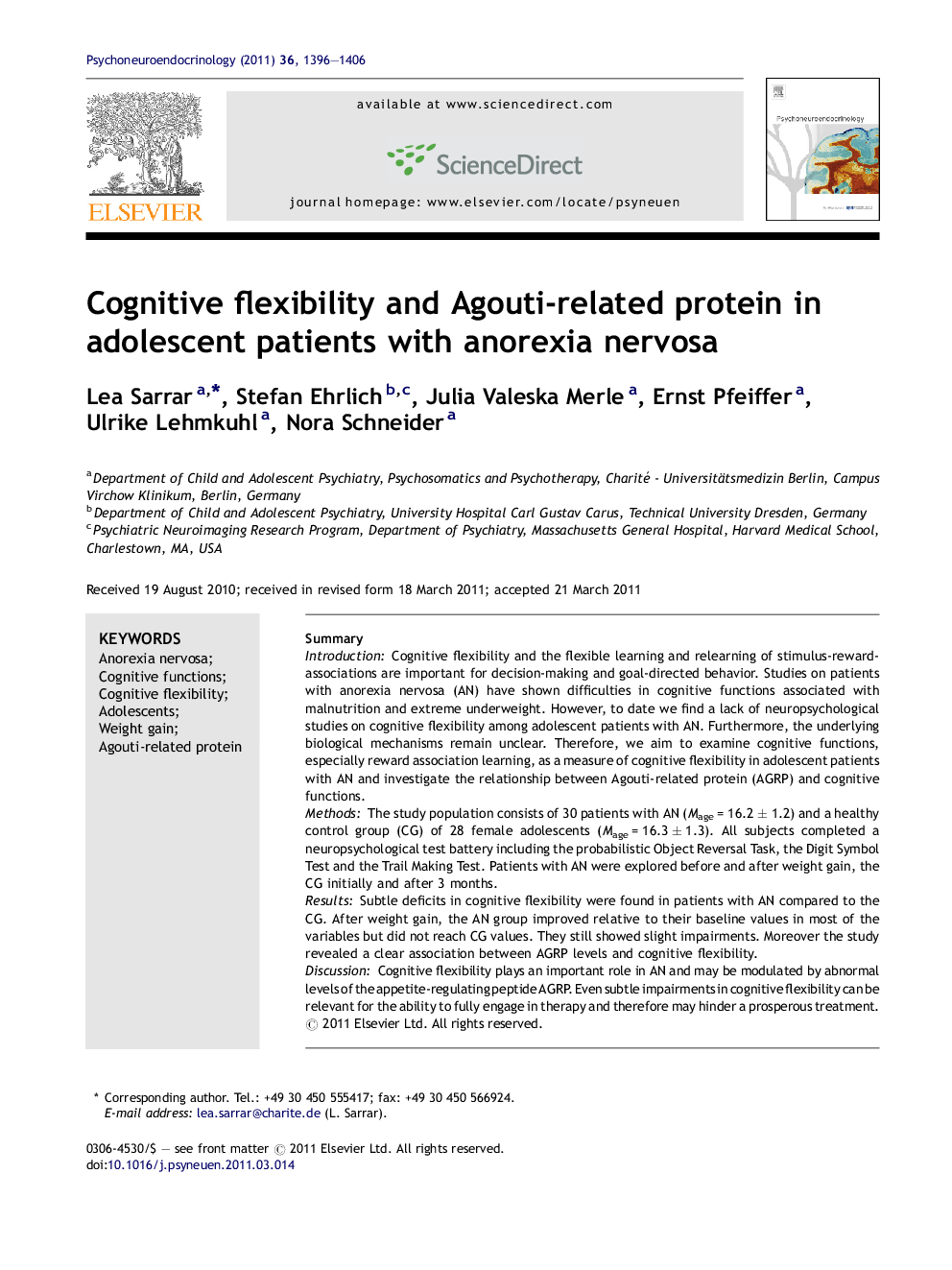 Cognitive flexibility and Agouti-related protein in adolescent patients with anorexia nervosa