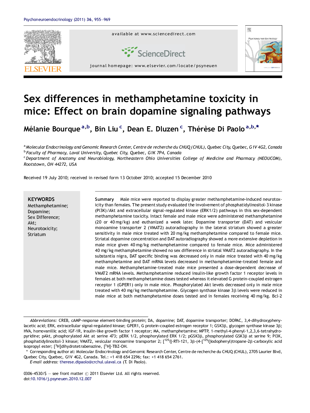 Sex differences in methamphetamine toxicity in mice: Effect on brain dopamine signaling pathways