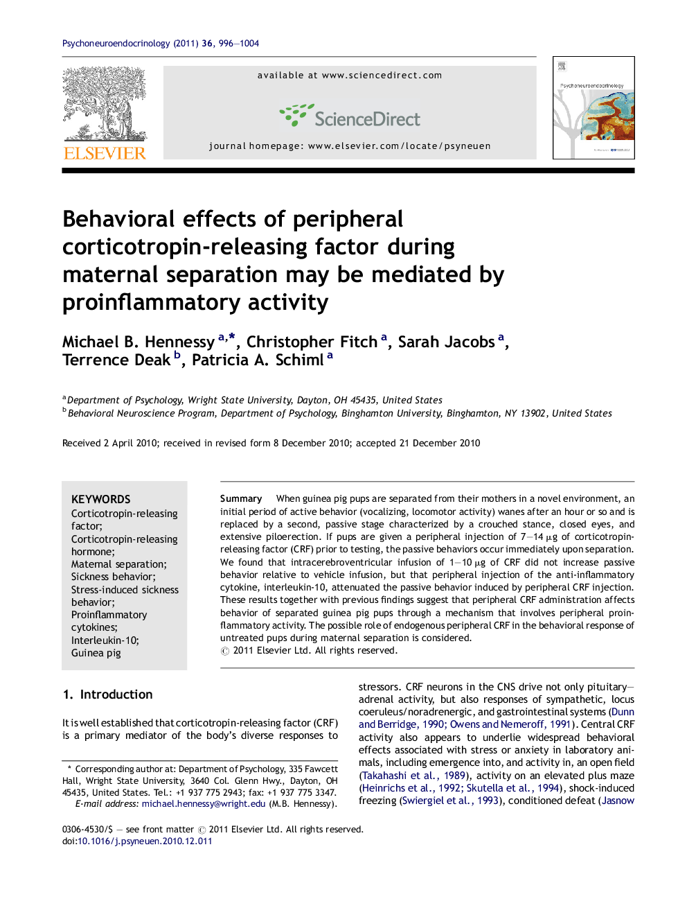 Behavioral effects of peripheral corticotropin-releasing factor during maternal separation may be mediated by proinflammatory activity