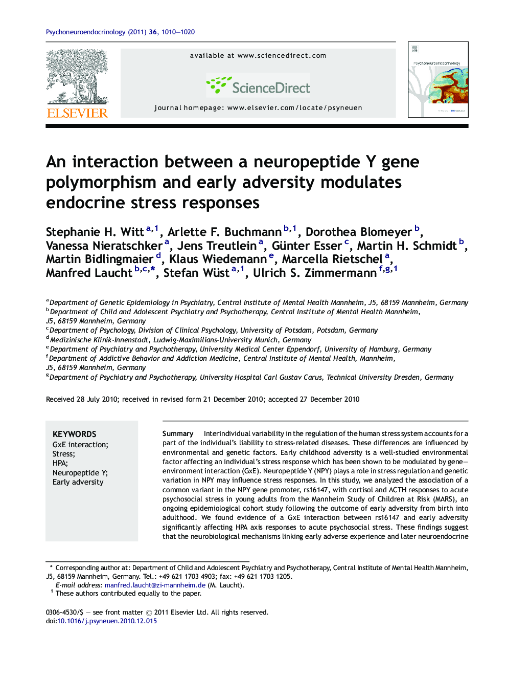 An interaction between a neuropeptide Y gene polymorphism and early adversity modulates endocrine stress responses