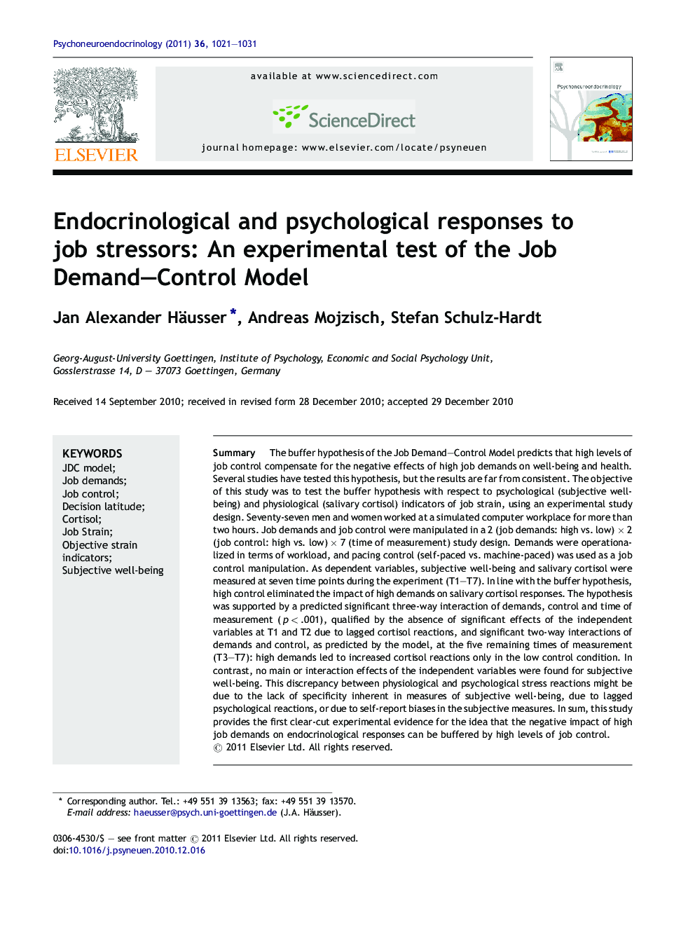 Endocrinological and psychological responses to job stressors: An experimental test of the Job Demand-Control Model