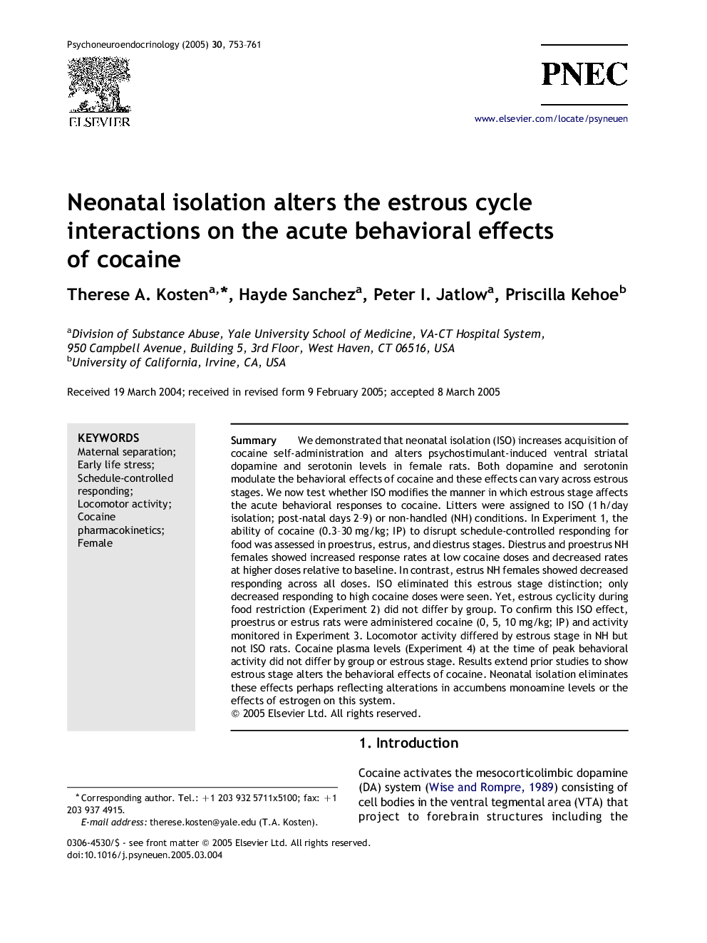 Neonatal isolation alters the estrous cycle interactions on the acute behavioral effects of cocaine