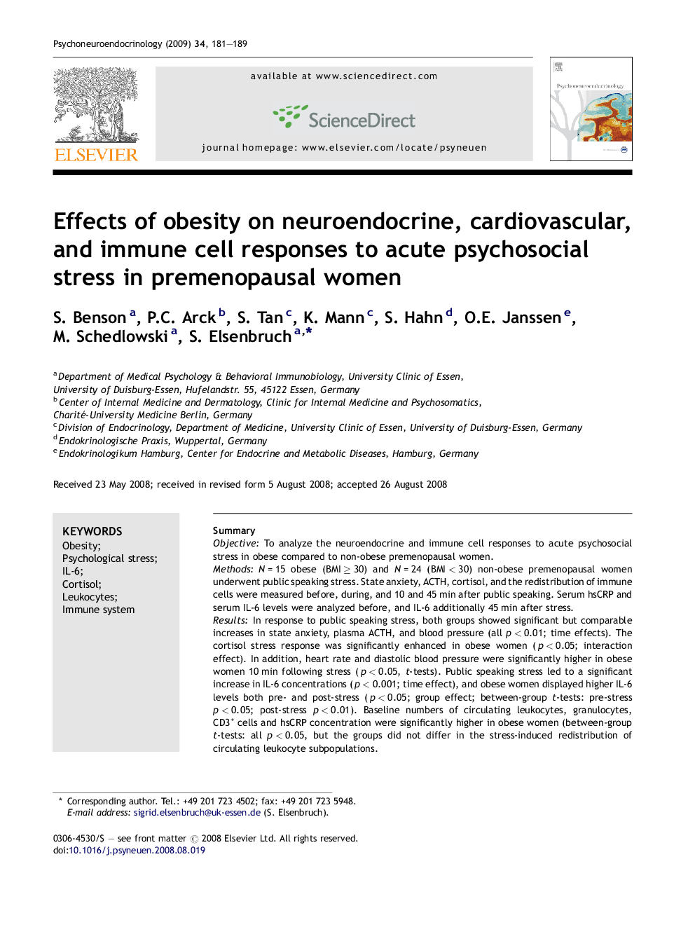 Effects of obesity on neuroendocrine, cardiovascular, and immune cell responses to acute psychosocial stress in premenopausal women