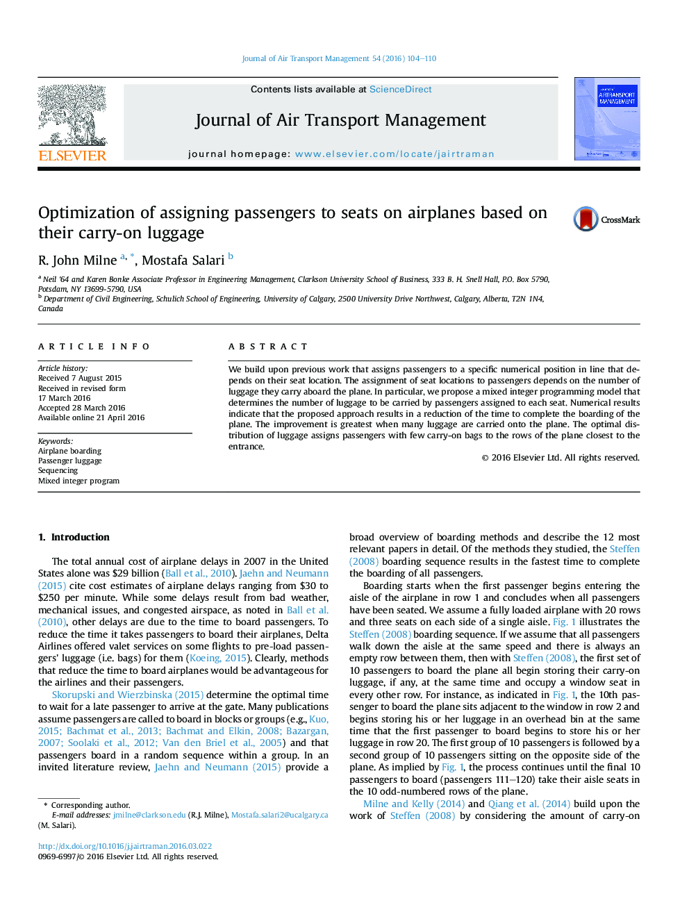 Optimization of assigning passengers to seats on airplanes based on their carry-on luggage