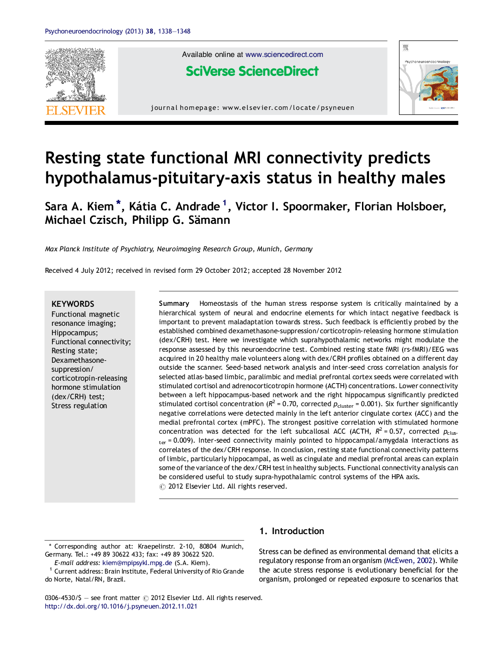 Resting state functional MRI connectivity predicts hypothalamus-pituitary-axis status in healthy males