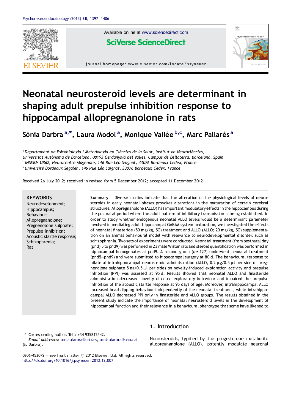 Neonatal neurosteroid levels are determinant in shaping adult prepulse inhibition response to hippocampal allopregnanolone in rats