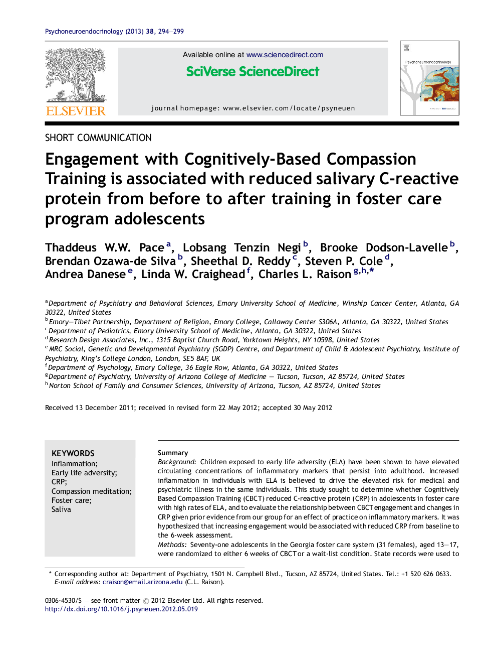 Engagement with Cognitively-Based Compassion Training is associated with reduced salivary C-reactive protein from before to after training in foster care program adolescents